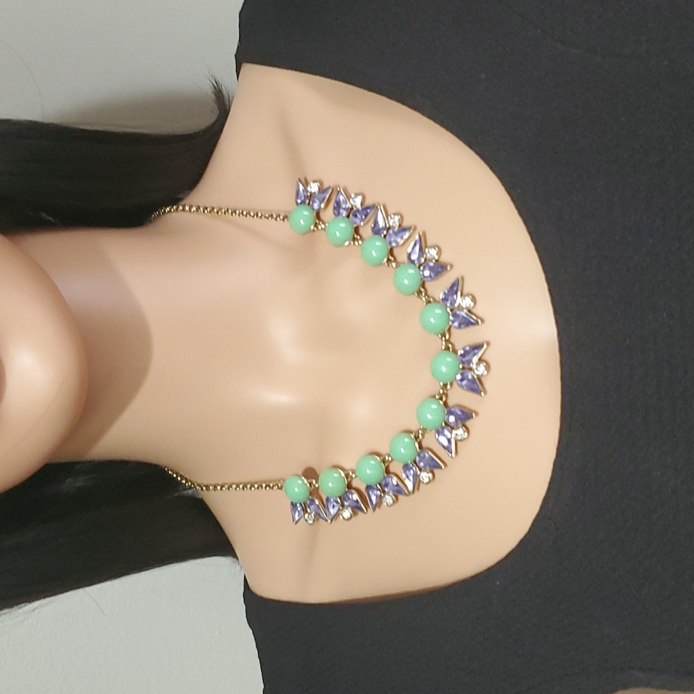 J. Crew Green, Purple & Clear Rhinestone Statement Necklace - Picture 6 of 7